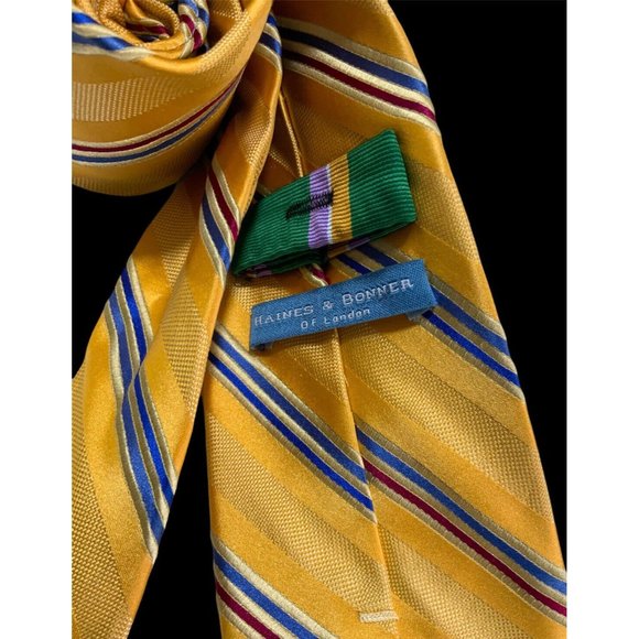 🆕HAINES & BONNER Yellow Striped Silk HANDMADE Tie 60"/ 3.5" NWOT - Picture 2 of 4